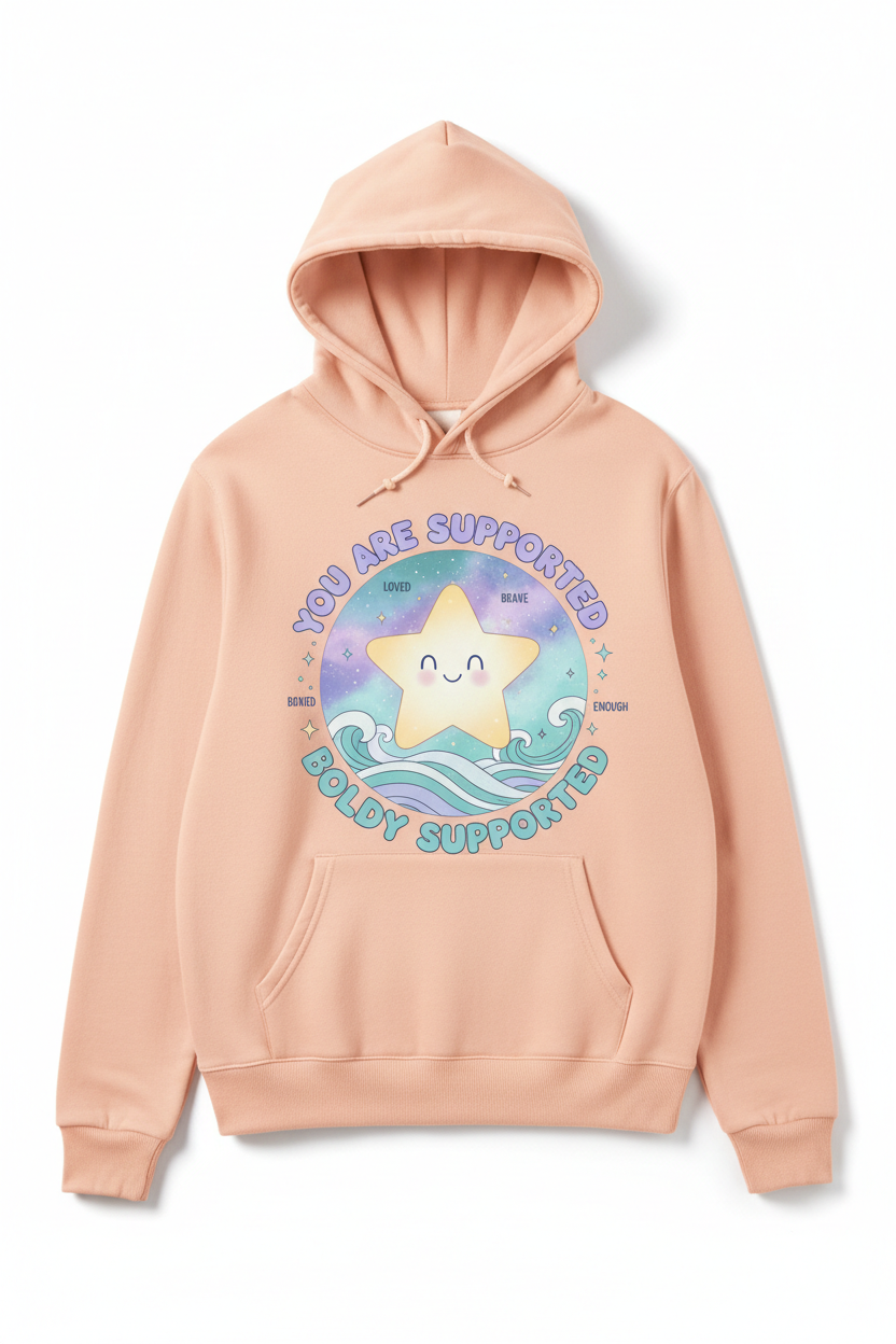 Peach hoodie with Smiling Stars mental health affirmation cosmic coastal design