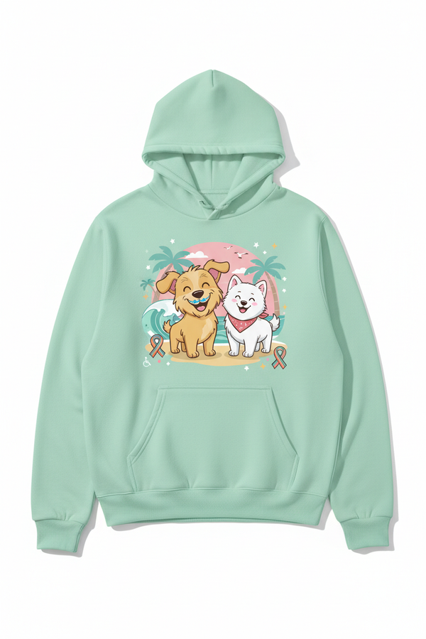 Mint green hoodie with Turbo Mutt Bros coastal disability pride design